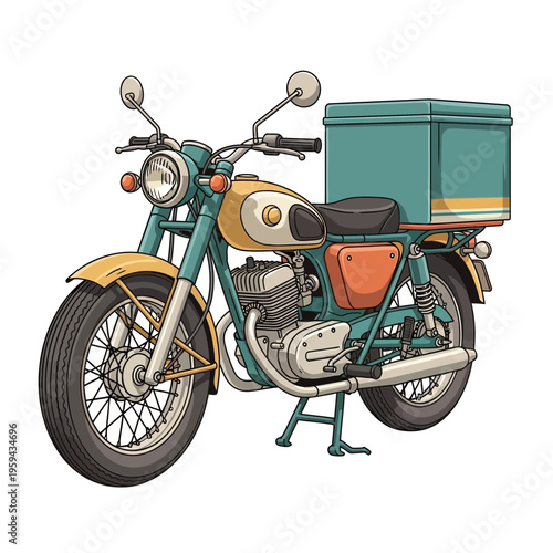 Retro delivery motorcycle with teal cargo box, vintage style