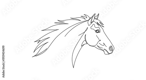Minimalist line art profile of a horse's head with flowing mane and tail