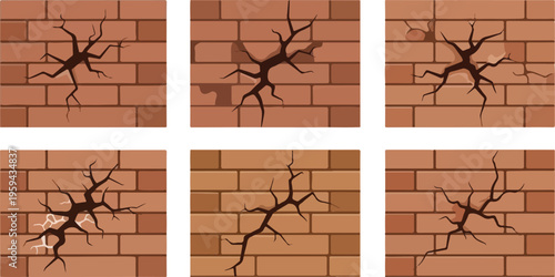 Various cracks on a brick wall surface showing different degrees of damage and texture