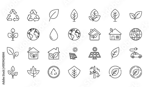 Eco and Sustainability Line Icon Set with Recycling, Nature, Energy, and Environmental Protection Symbols for Green Technology and Earth Care Vector Design