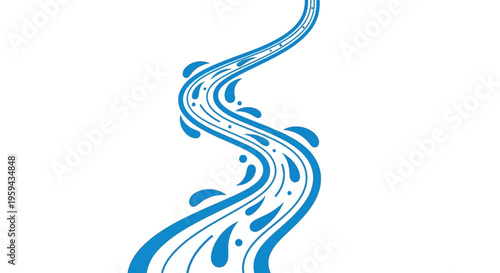 Minimalist Blue Flowing River Icon Illustration, Winding Stream Graphic with Water Splashes on White Background