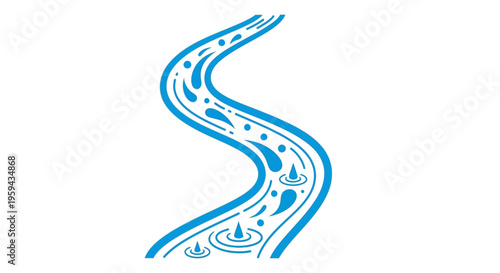 Blue Winding River Vector Illustration, Minimalist Stream Icon with Water Droplets and Ripples, Conceptual Flowing Water Graphic for Nature and Environment Designs