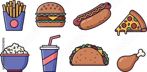 Flat line drawing art of retro cheeseburger and savory portion