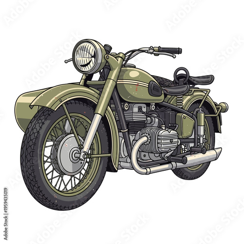 Vintage military motorcycle with sidecar, olive green, retro transport illustration