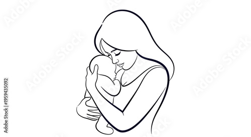 A line drawing of a mother tenderly holding her baby