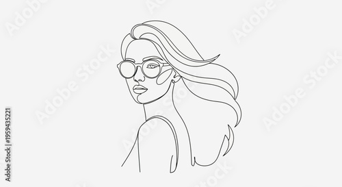 Woman with flowing hair and circular glasses, depicted in a single line style