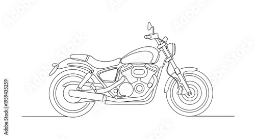 Minimalist outline drawing of a cruiser motorcycle on a white background