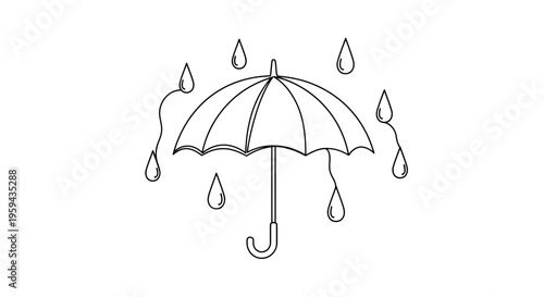 Minimalist line drawing of an open umbrella with falling raindrops