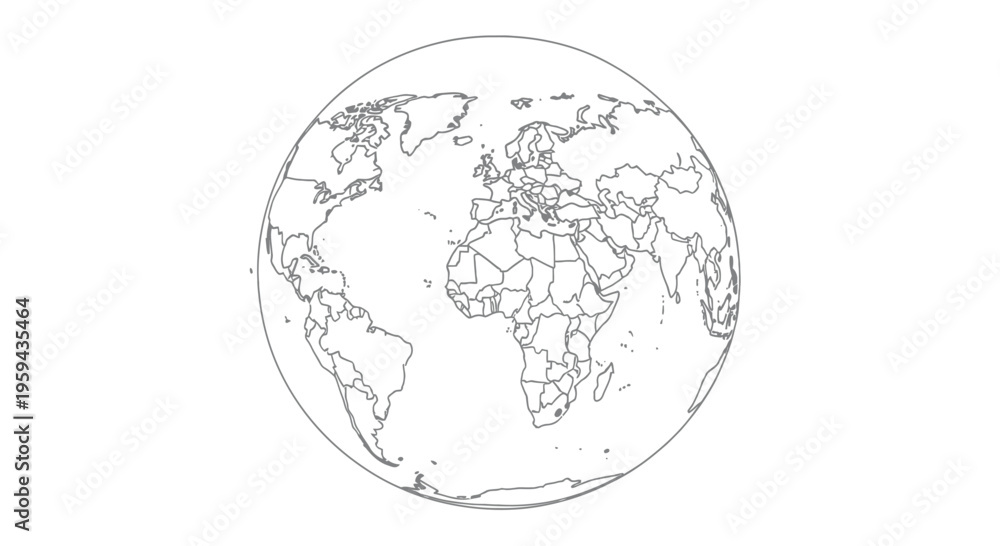 Obraz premium A simple gray outline map of the Earth showing continents and country borders