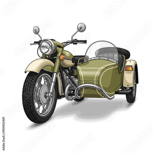 Vintage motorcycle with sidecar, retro transport, classic vehicle illustration