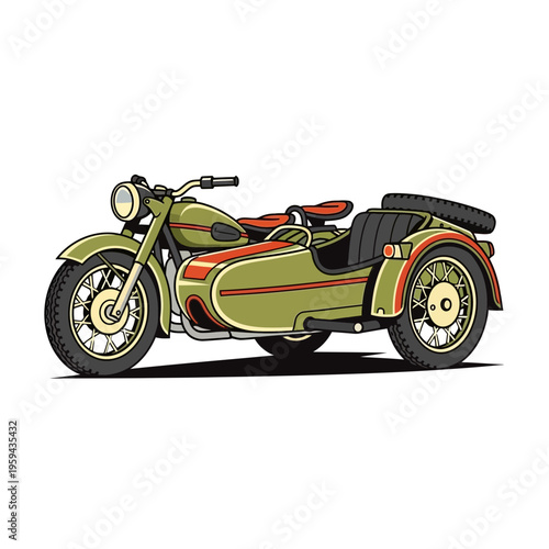 Vintage motorcycle with sidecar, retro transport, green and red colors, isolated on white