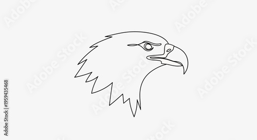 Minimalist line art of a bald eagle's head in profile, focusing on sharp beak and eye