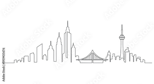 Minimalist line drawing of a cityscape with tall buildings and a bridge