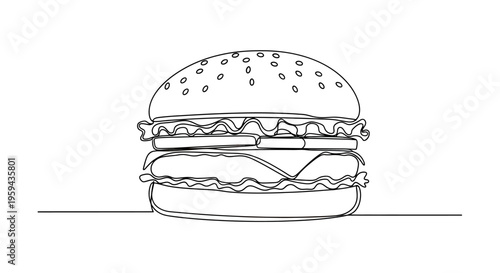 A minimalist black line drawing of a stacked burger with sesame seeds on the bun