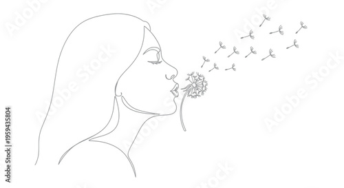 Minimalist line art of a woman blowing dandelion seeds into the wind (1)