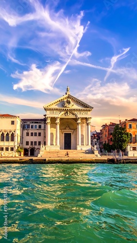 A grand, ornate building with a prominent facade sits near a shimmering waterway, under a dramatic, cloud-filled sky