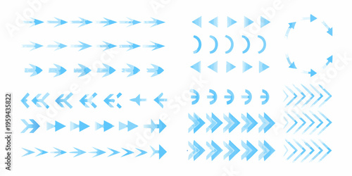 Collection of light blue arrows in various shapes and directional orientations