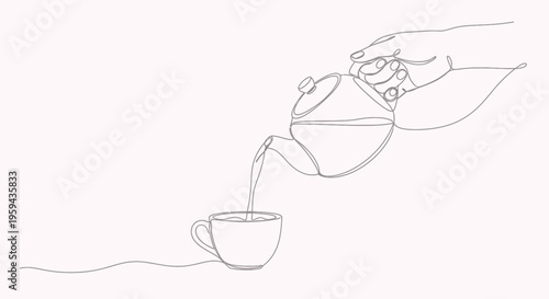 Hand pouring liquid from a teapot into a cup, depicted with a single continuous line