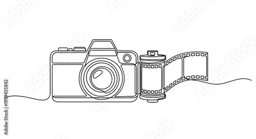 Continuous line drawing of a vintage camera with film reel