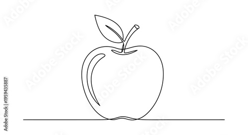 Single line drawing of an apple with a leaf and stem, isolated on white