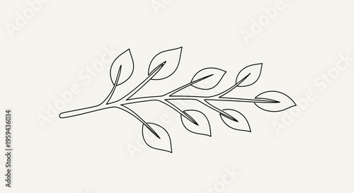 Delicate black outline of a branch with seven leaves against a pale cream background