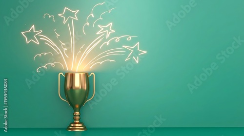 Golden Trophy with Sparkling Fireworks Success Victory and Celebration on Green Background