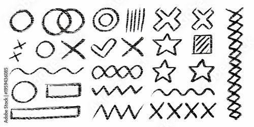 Collection of hand drawn doodle shapes and scribbles on white background