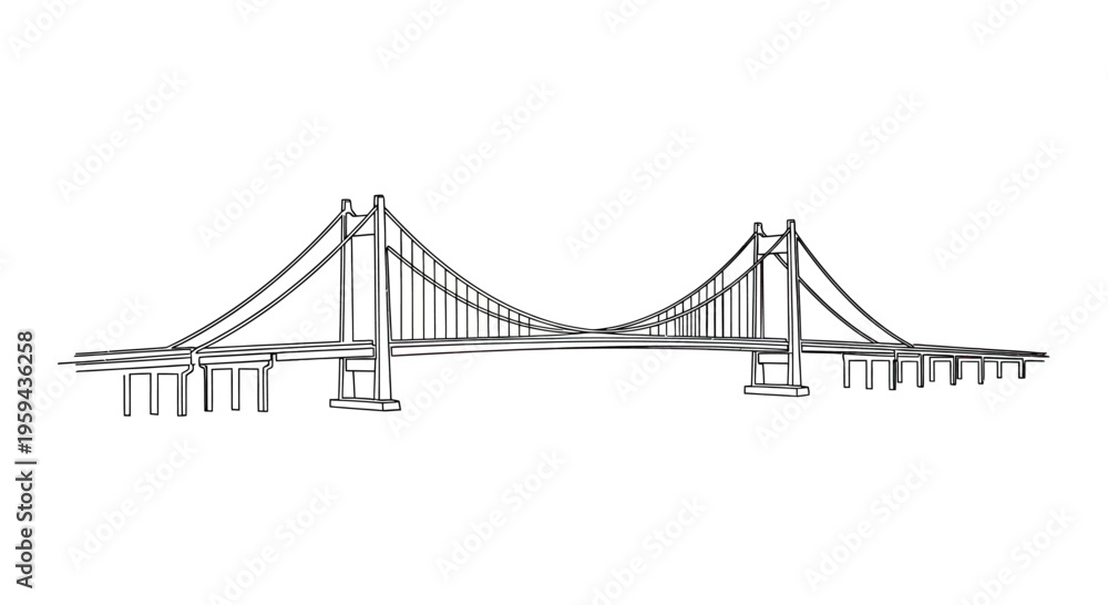 Fototapeta premium A stark, black-and-white illustration of a suspension bridge with a central span supported by two towers and suspension cables