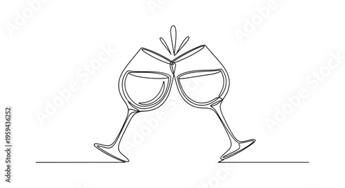 Two wine glasses clinking in a single continuous line drawing