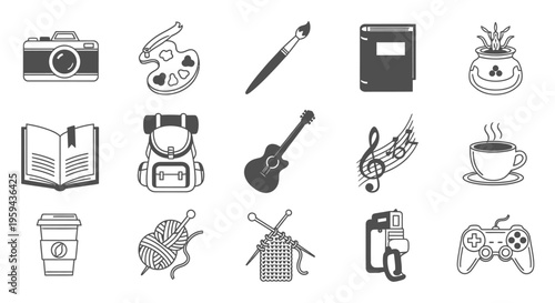 Collection of Minimalistic Icons Representing Hobbies, Leisure, and Creative Pursuits