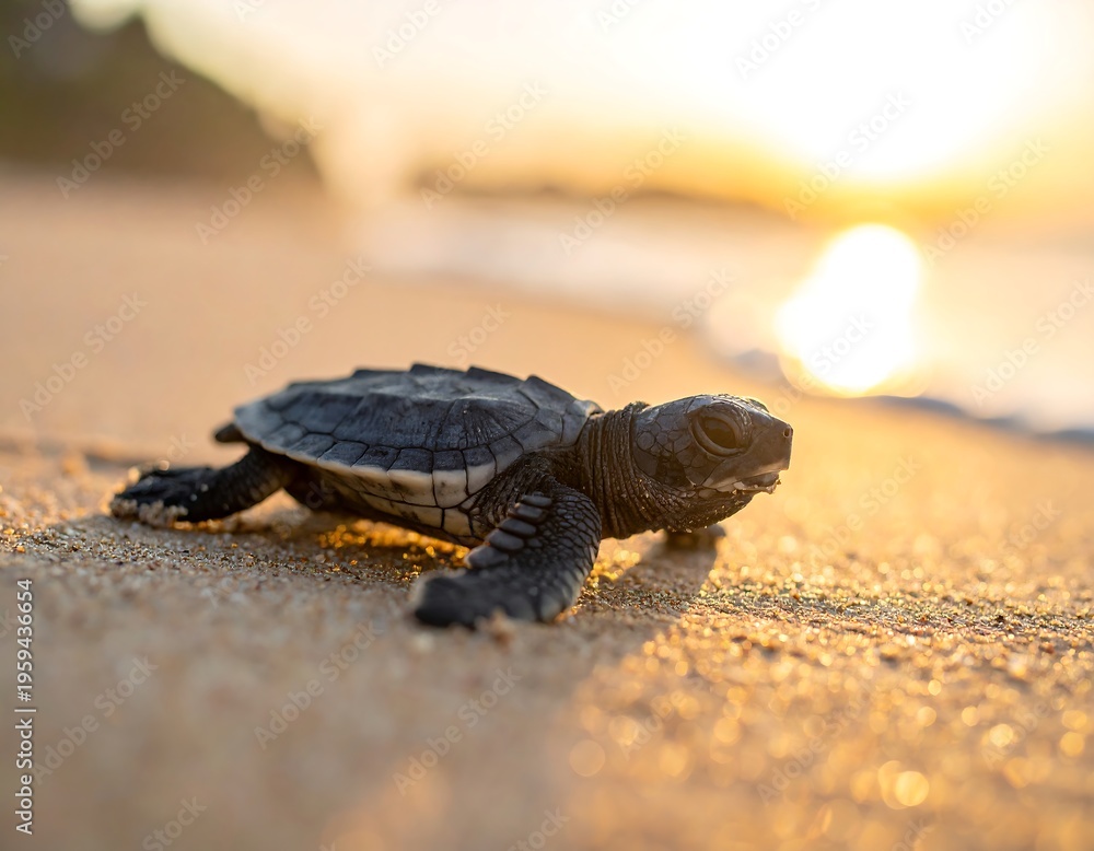 Obraz premium Tiny sea turtle emerging onto a sandy beach at sunrise