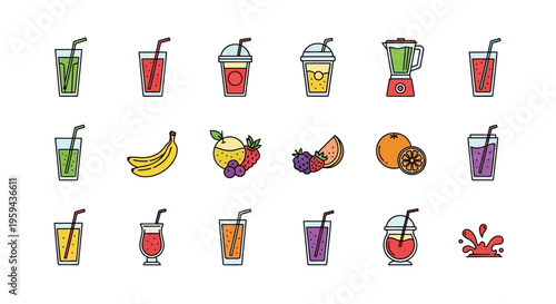 Colorful vector illustrations depicting fruit smoothies and fresh juice variations