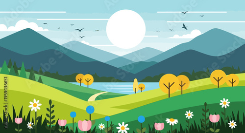 Serene Summer Mountain Landscape Vector Illustration with Lake, Rolling Hills, and Wildflowers