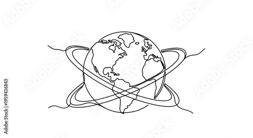 A minimalist depiction of Earth encircled by abstract, orbiting ellipses