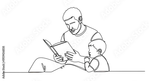 A parent and child share a book, drawn in a minimalist single-line style