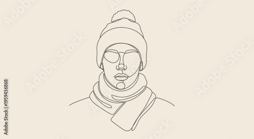 Minimalist line art portrait of a person wearing a beanie, glasses, and scarf