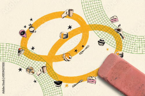 Vintage hand-drawn bakery illustration, retro coffee and cake collage with abstract yellow rings, artistic cafe menu background with eraser
