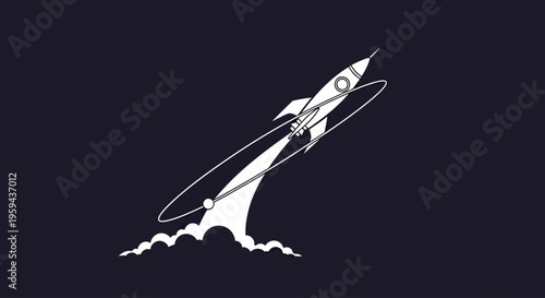 Stylized white rocket launches upwards through clouds with an orbital ring