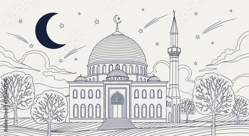 Islamic architectural masterpiece with a crescent moon and stars overlooking a serene landscape with trees