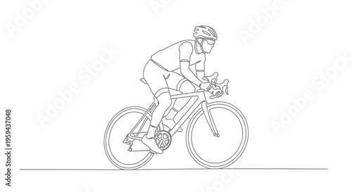 Cyclist wearing helmet and glasses, in athletic clothing, rides a road bicycle