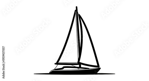 Black silhouette of a sailboat with tall masts and sails on white background