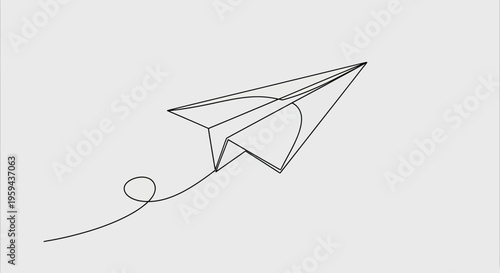 A minimalist, continuous line drawing of a paper airplane in flight, leaving a swirling trail