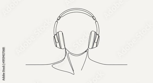 A minimalist, single-line drawing of headphones on an abstract head and shoulders