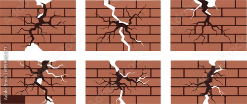 Illustrations of fractured brick walls depicting structural damage and repair needs