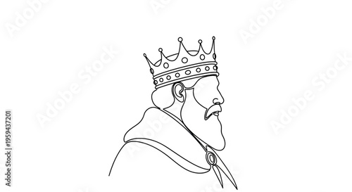 Profile of a regal figure wearing a detailed crown and flowing cloak