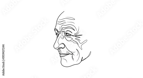 A minimalist line drawing depicts an elderly person's profile with weathered features and a gentle expression