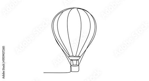 A minimalist, single-line drawing of a hot air balloon floats against a white background