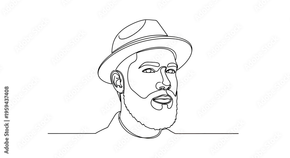 Obraz premium Minimalist black line art portrait of a man wearing a fedora with a beard