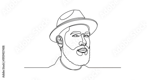 Minimalist black line art portrait of a man wearing a fedora with a beard