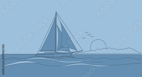 A sailboat glides on gentle waves with a sun setting behind a distant island